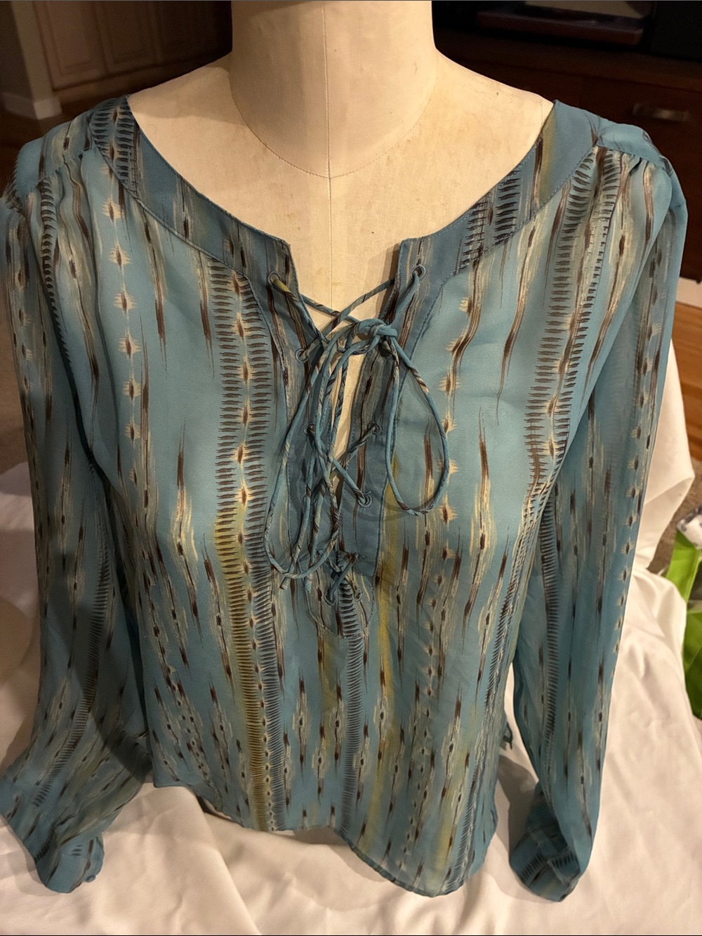 Ariat Teal Lace-Up Blouse Printed Blouse Long Sleeves Pleated Shoulders and Back